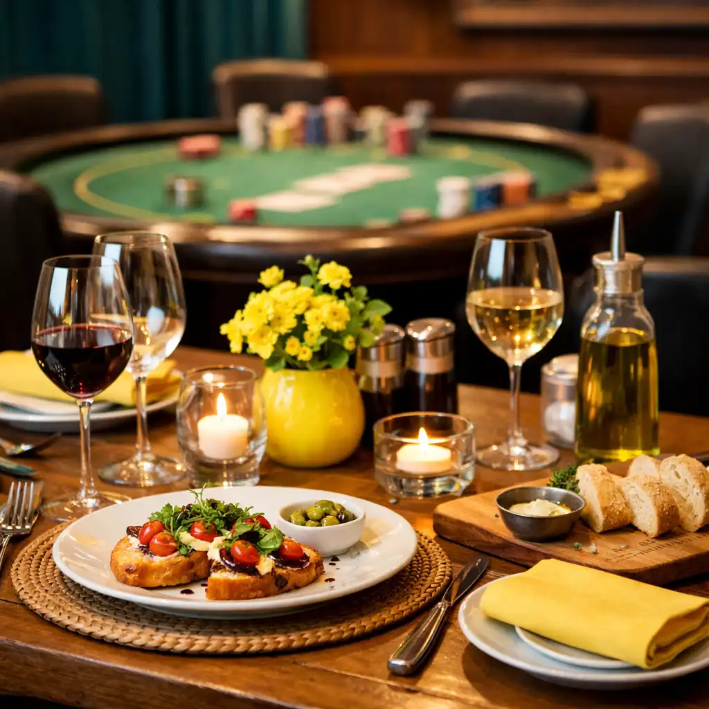 Elegantně prostřený jídelní stůl v restauraci Stůl Pro Chuť s pokerovým stolem v pozadí