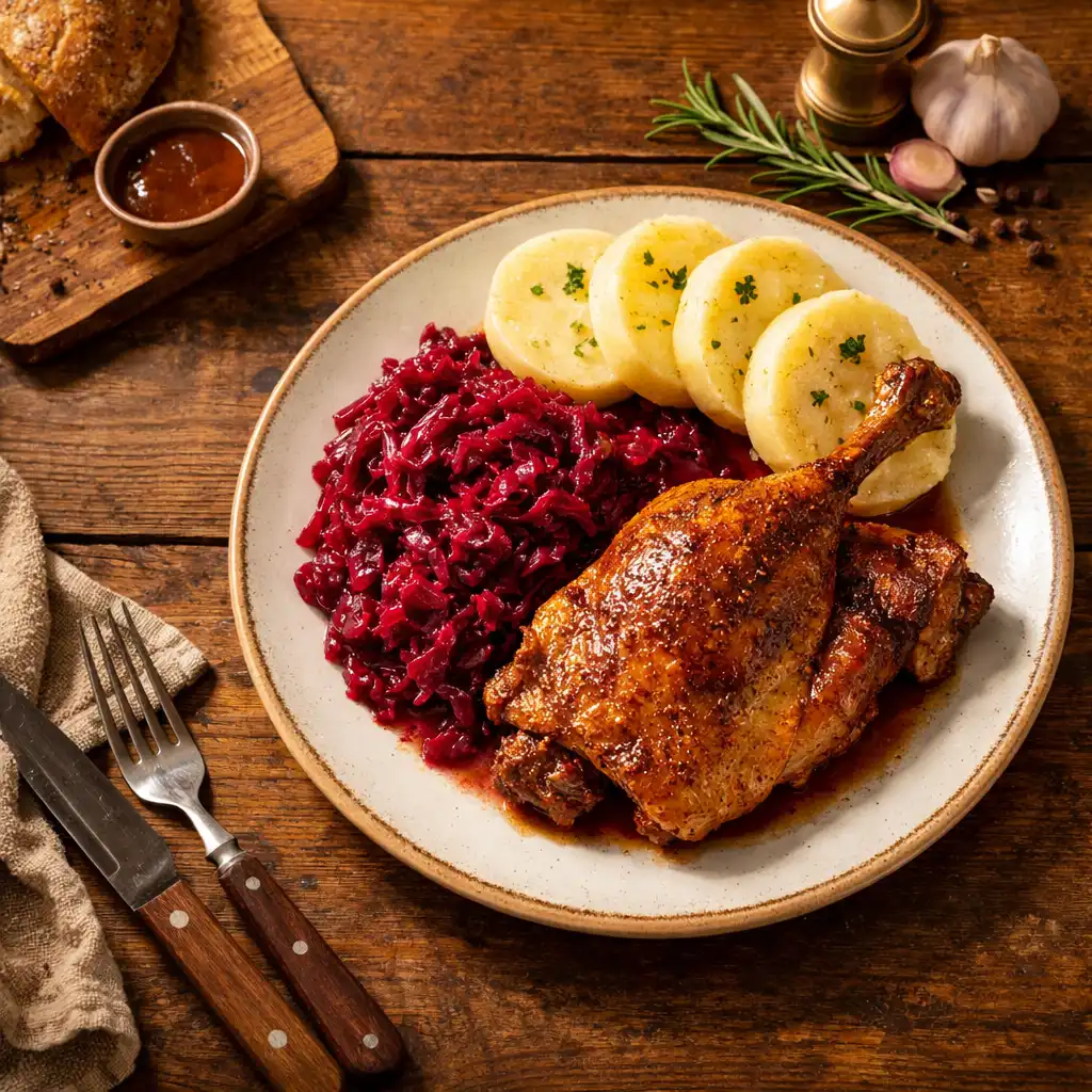 Pečená kachna s červeným zelím a bramborovým knedlíkem
