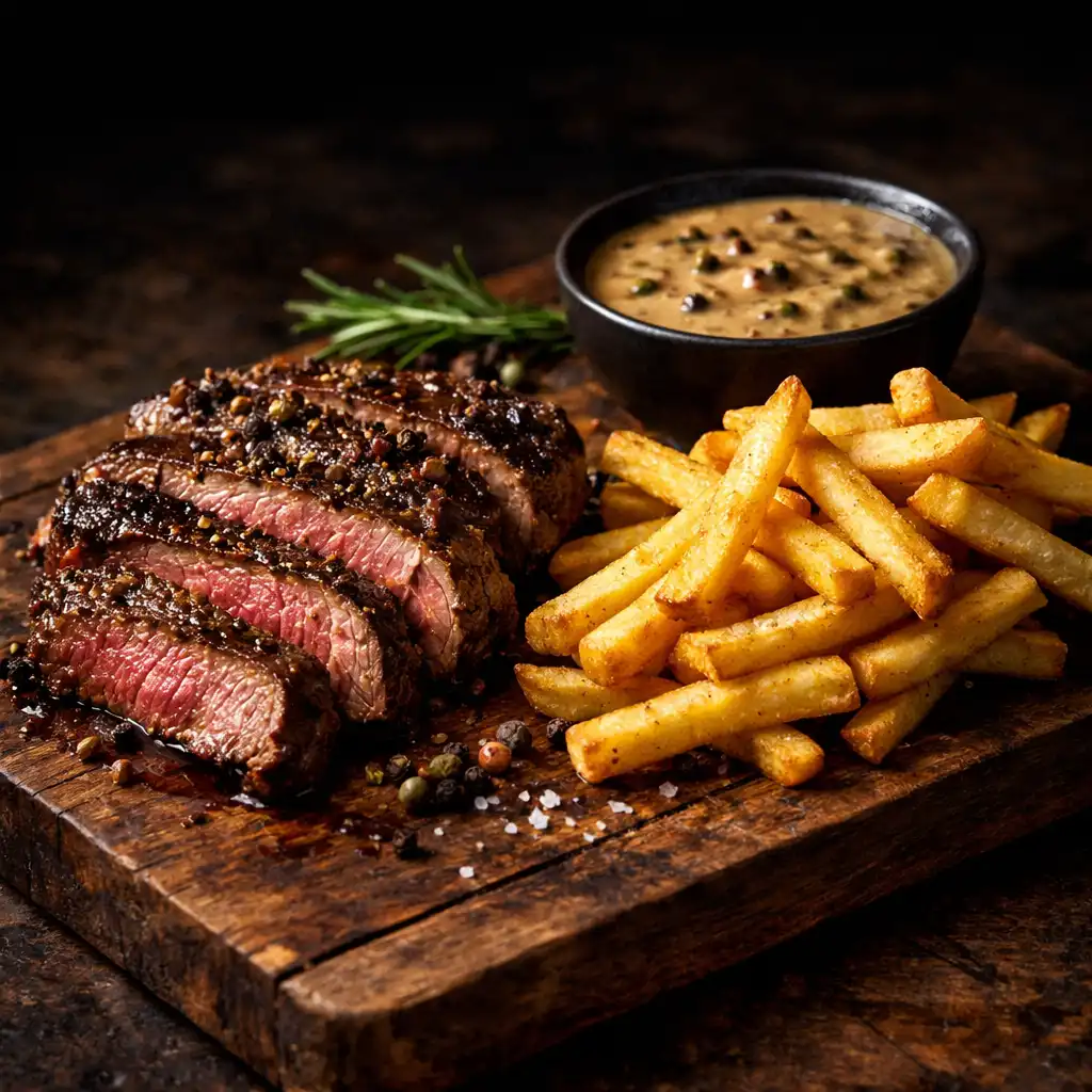 Hovězí steak s pepřovou omáčkou a hranolky