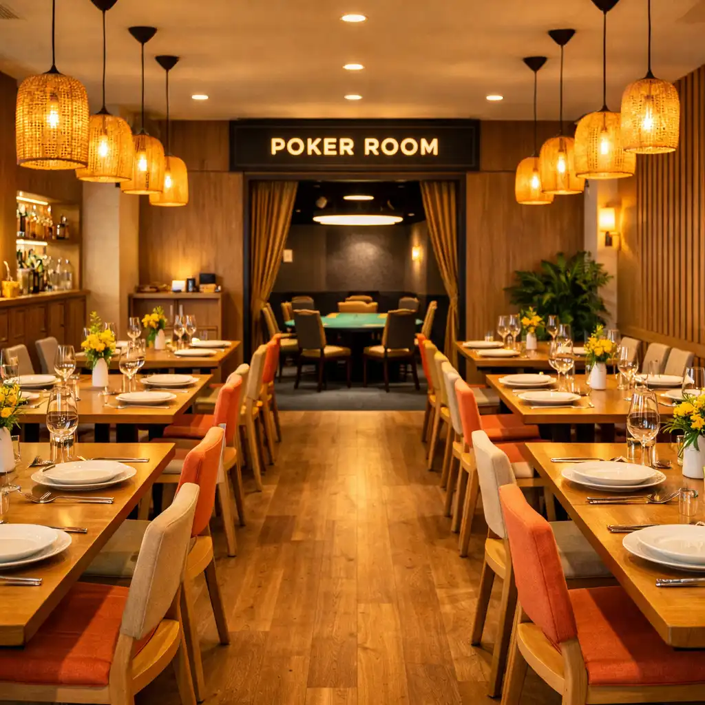 Hlavní jídelní sál restaurace Stůl Pro Chuť s dřevěnými stoly, teplým osvětlením a vstupem do Poker Room v pozadí