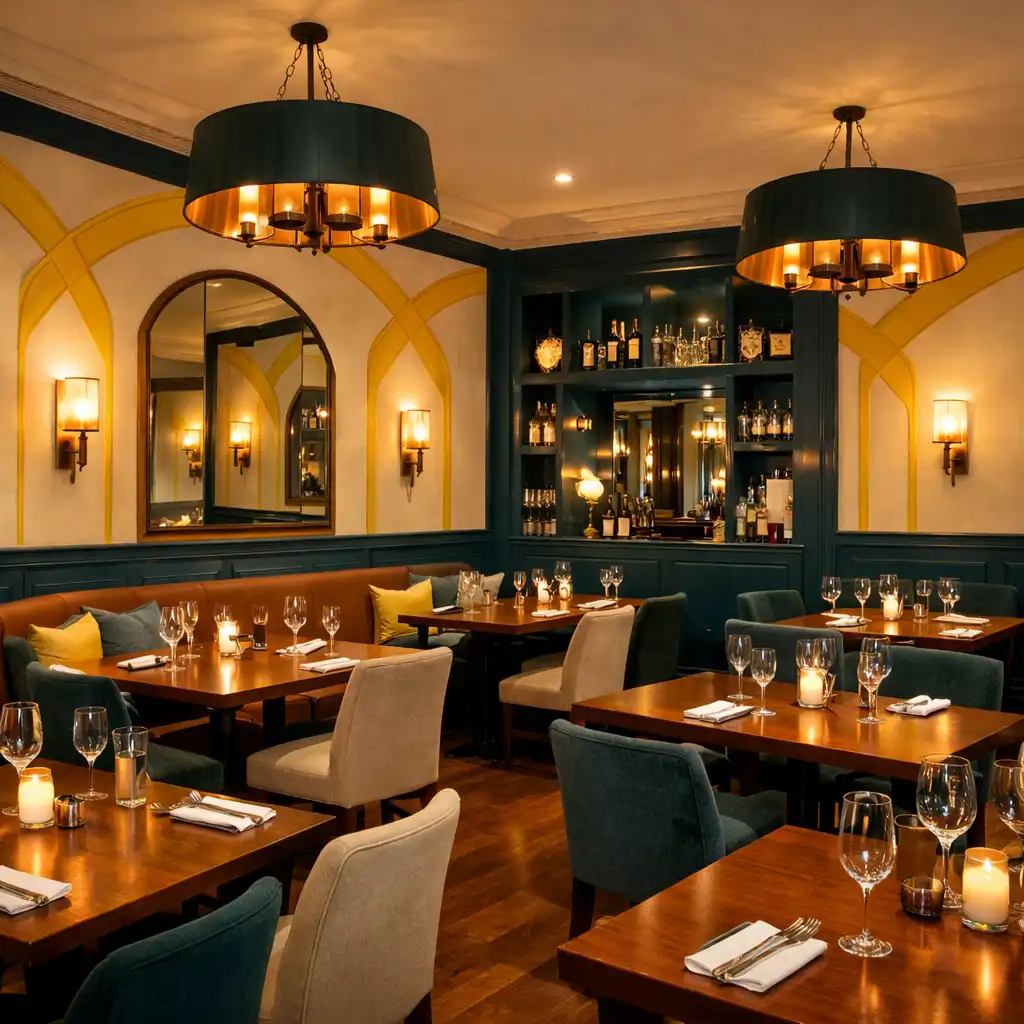 Elegantní jídelní část restaurace s dřevěnými stoly a teplým osvětlením