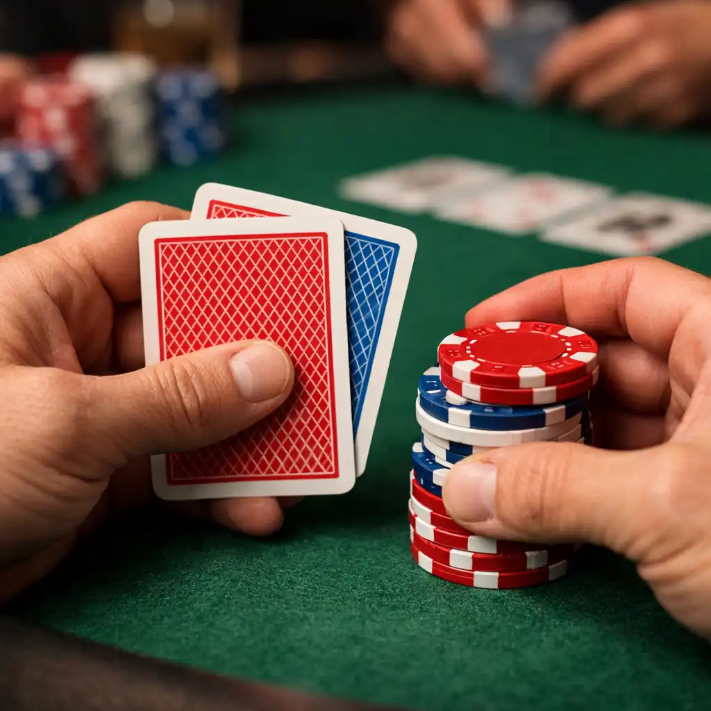 Detailní záběr na ruce hráče držící plastové karty a barevné pokerové žetony u stolu
