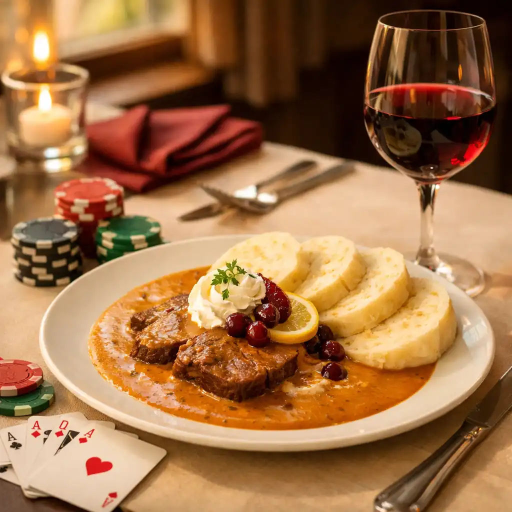 Elegantně prostřený stůl v restauraci s talířem české kuchyně, sklenkou vína a pokerovými kartami a žetony