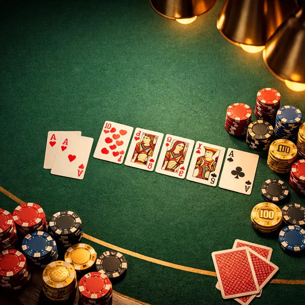 Pohled shora na profesionální pokerový stůl s kartami a barevnými žetony v teplém osvětlení restaurace Stůl Pro Chuť