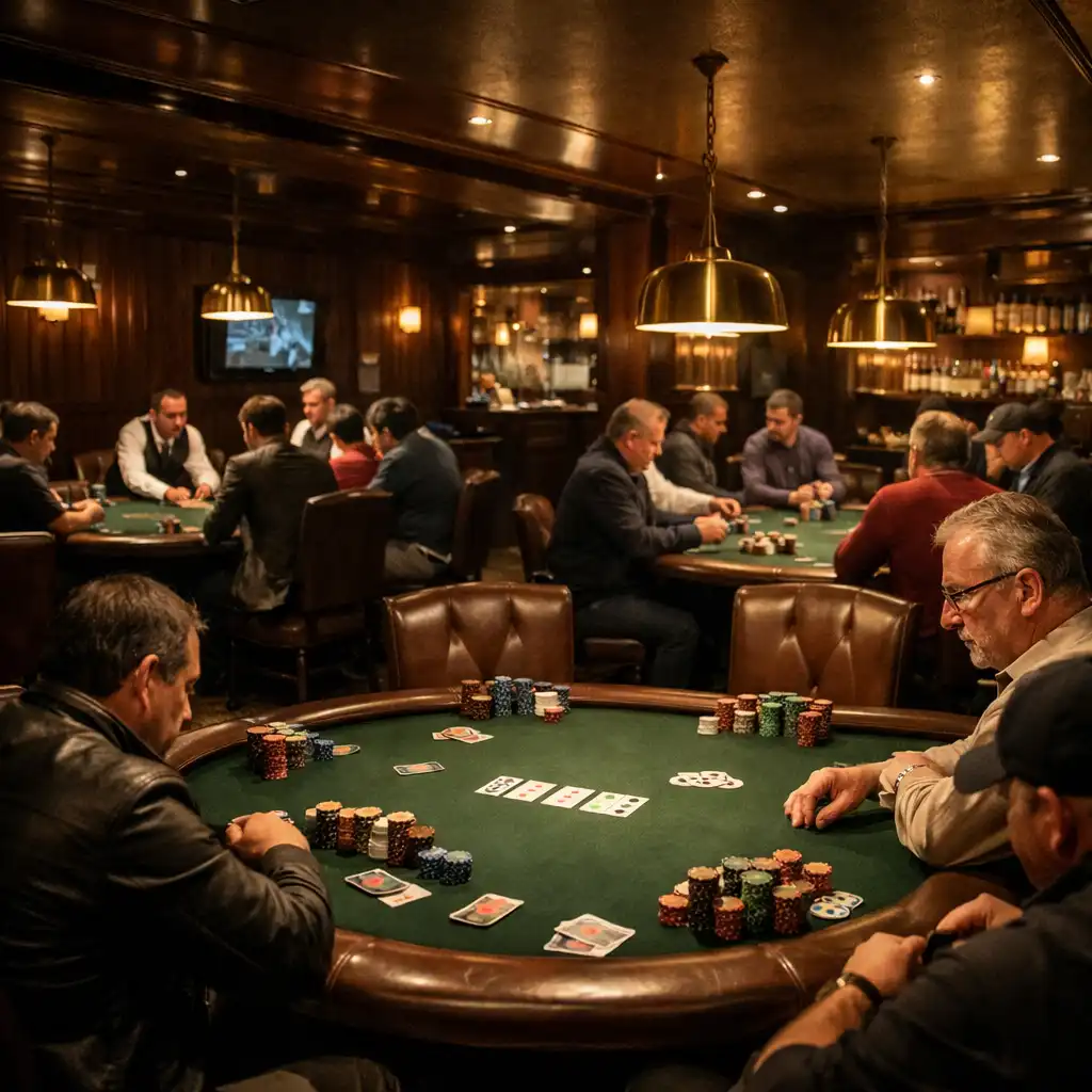 Interiér Poker Roomu v restauraci Stůl Pro Chuť s pokerovými stoly, tlumeným osvětlením a dřevěným obložením