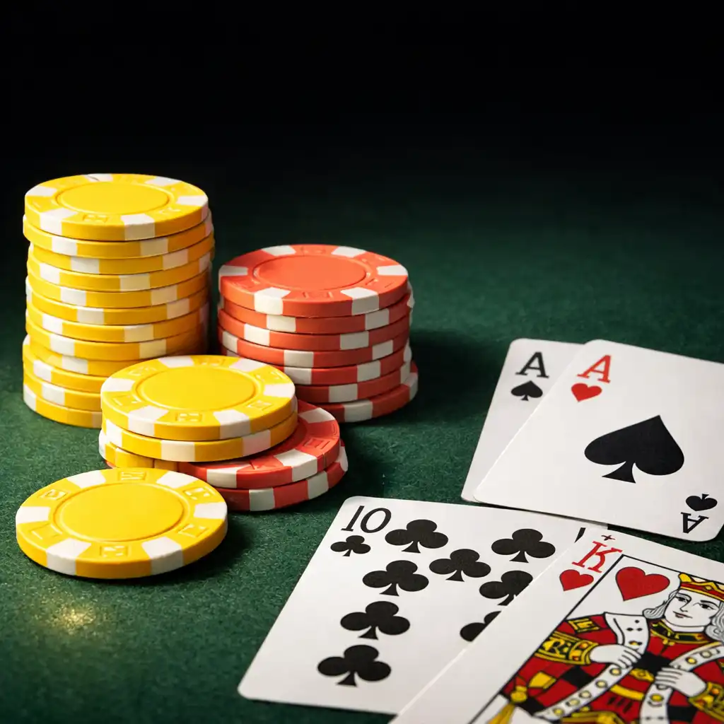 Detailní záběr na pokerové žetony a karty na stole v Poker Room