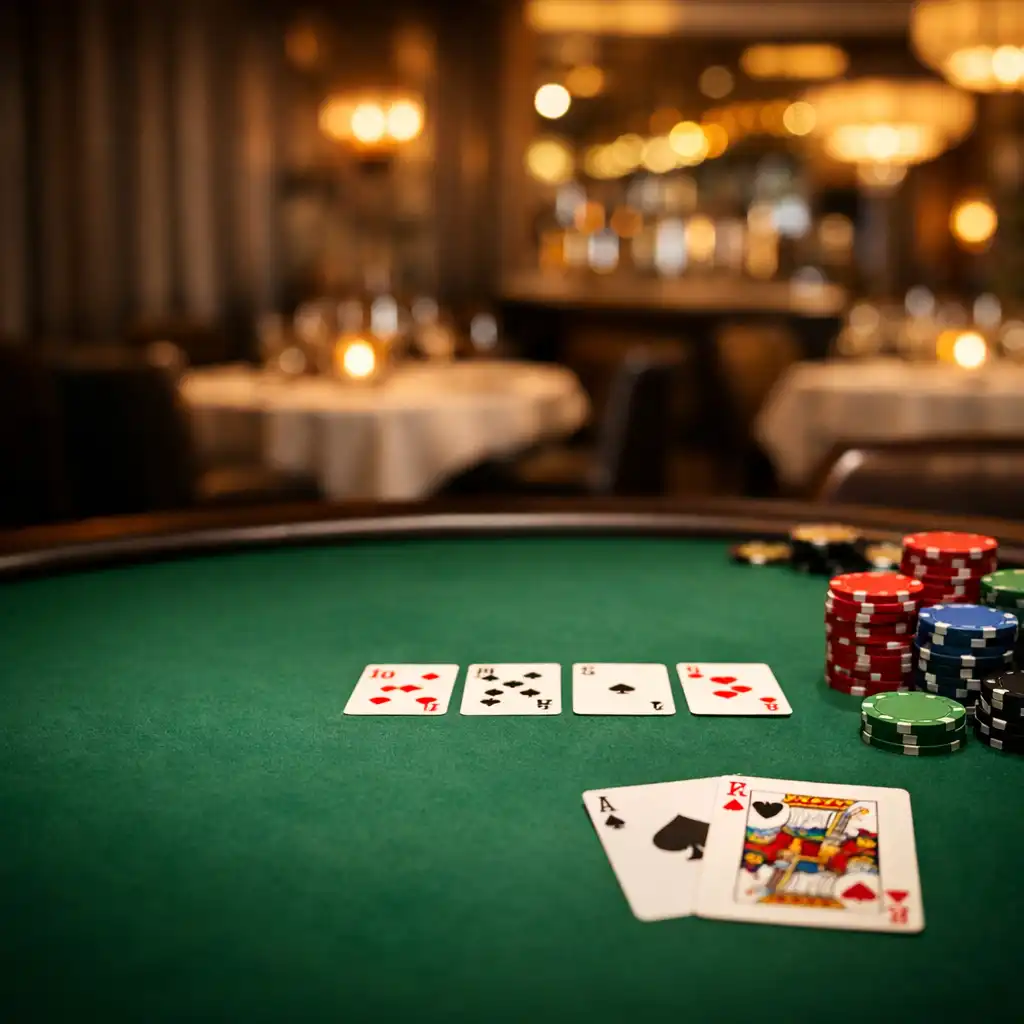 Profesionální pokerový stůl s kartami a žetony v Poker Room restaurace Stůl Pro Chuť