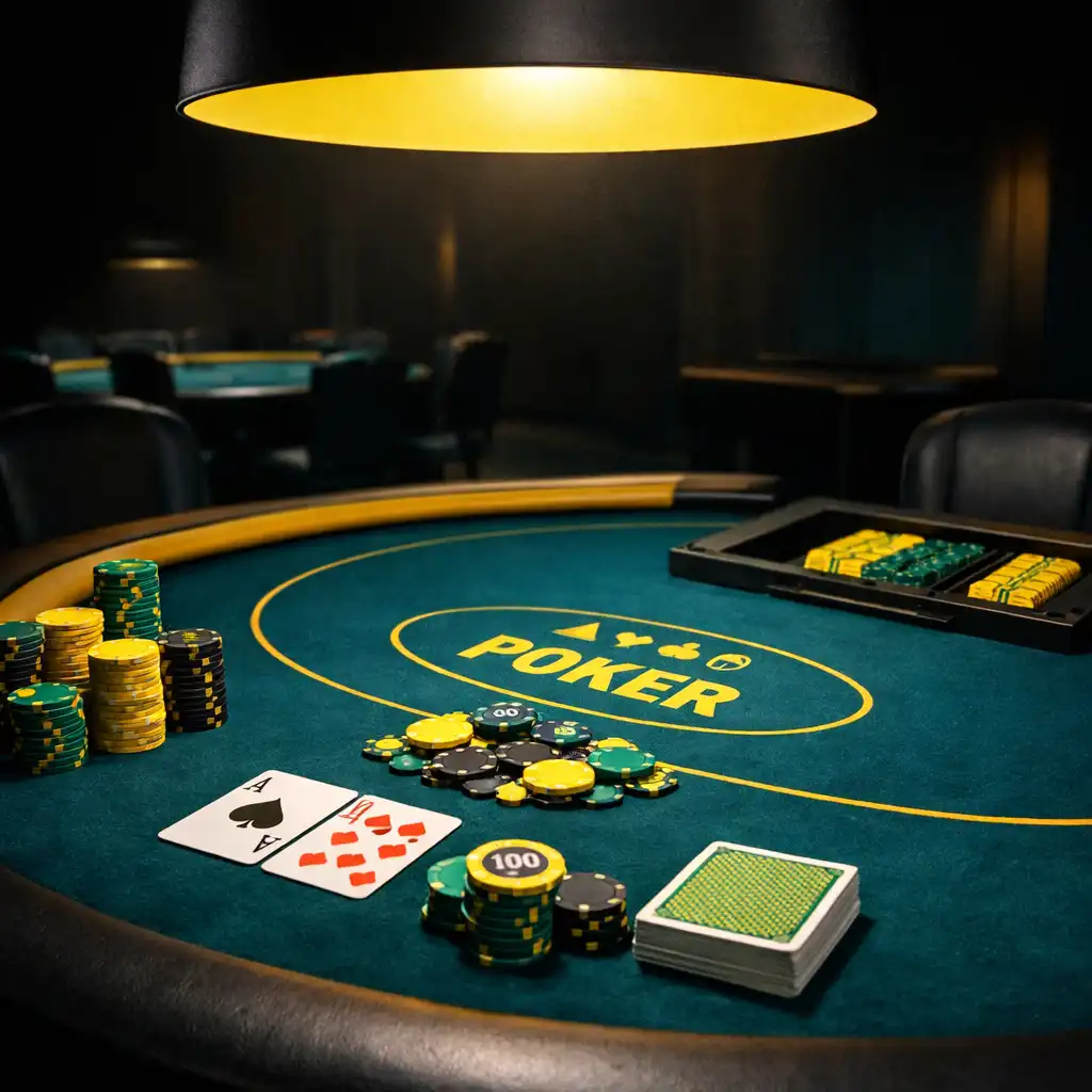 Profesionální pokerový stůl s žetony a kartami v odděleném sále