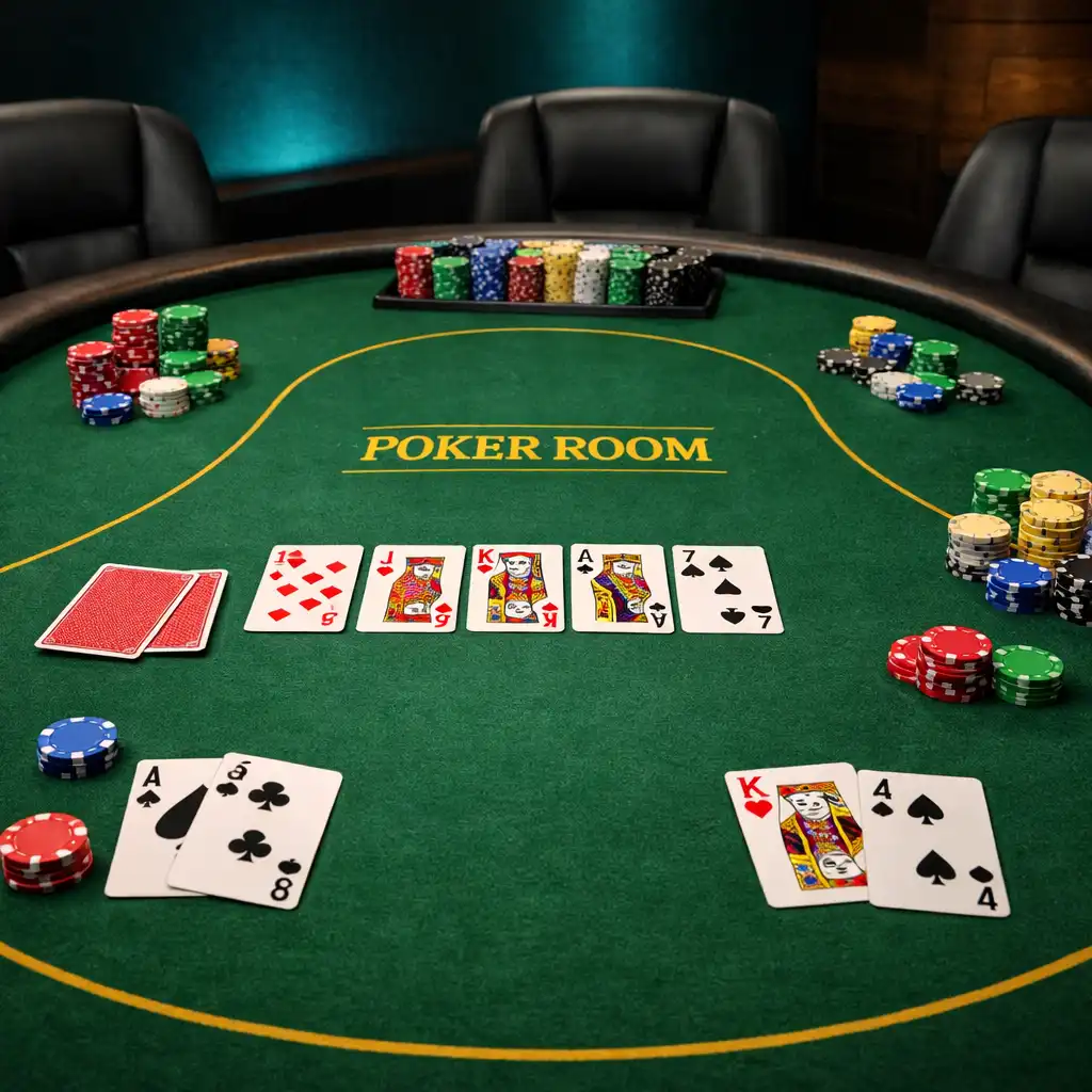 Pokerový stůl s plstěným povrchem, kartami a barevnými žetony v Poker Room restaurace