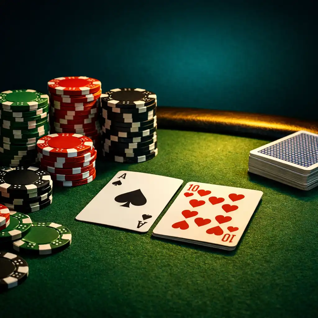 Detail pokerového stolu s žetony a kartami v Poker Roomu