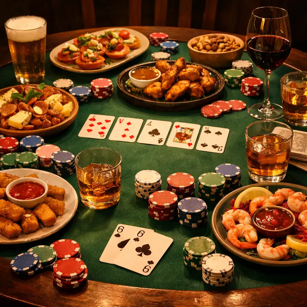 Pokerový stůl s jídlem, kartami a žetony