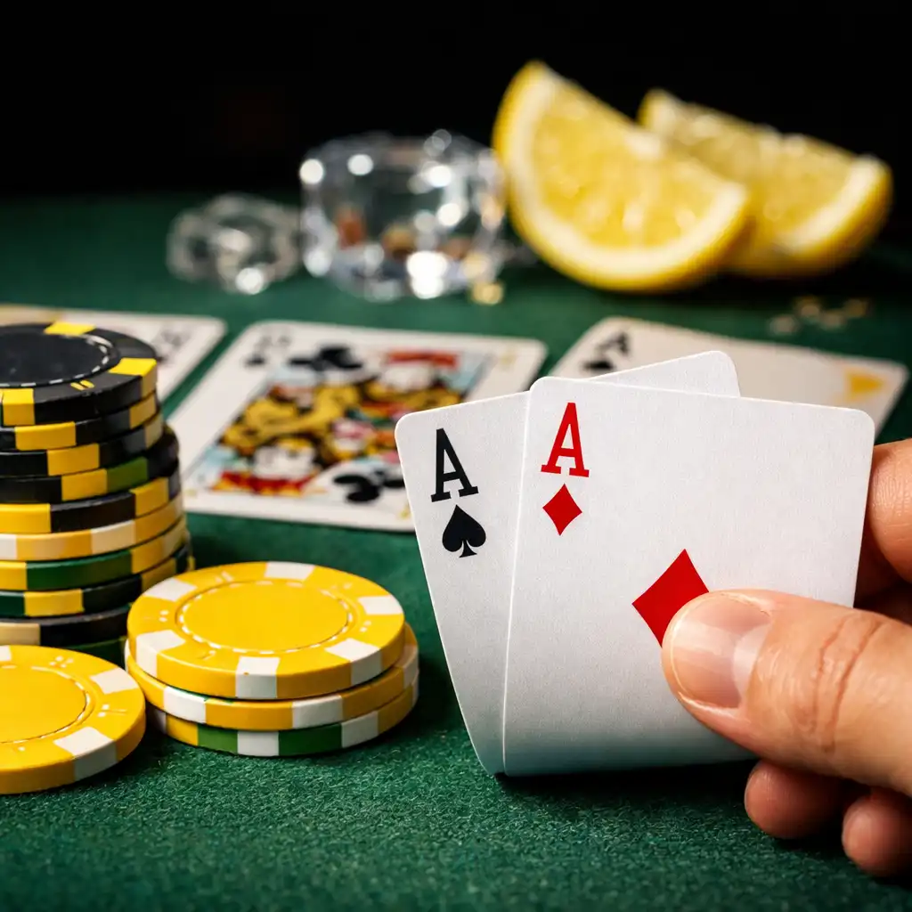 Detail pokerového stolu s rozdanými kartami a žetony