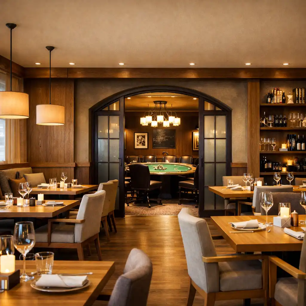 Elegantní interiér restaurace Stůl Pro Chuť s dřevěnými stoly a vchodem do pokerové místnosti