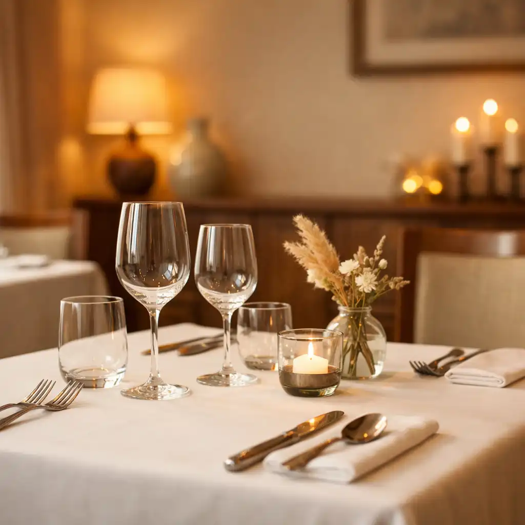 Prostřený stůl v jídelní části restaurace s bílým ubrusem a sklenicemi