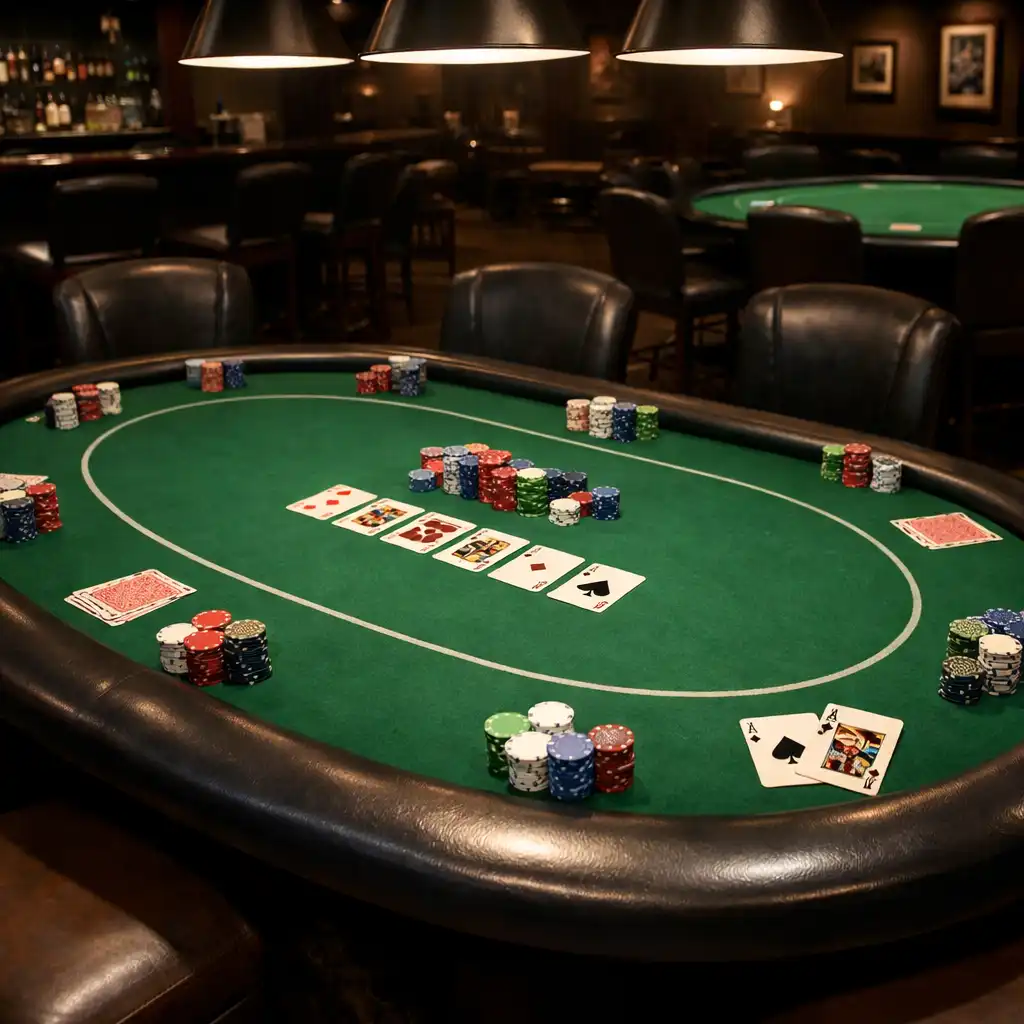 Fyzický pokerový stůl v Poker Room s profesionálními kartami a žetony