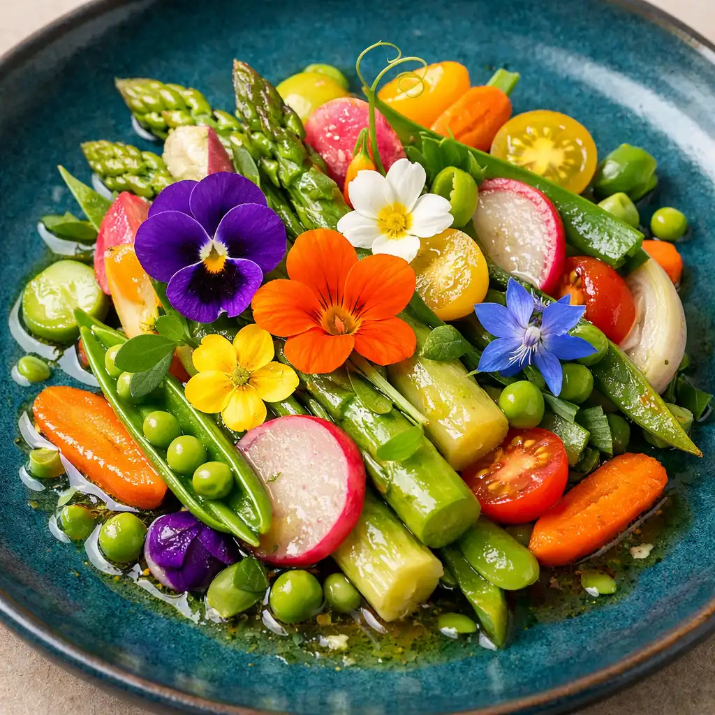 Sezónní vegetariánský pokrm s živými barvami a jedlými květy