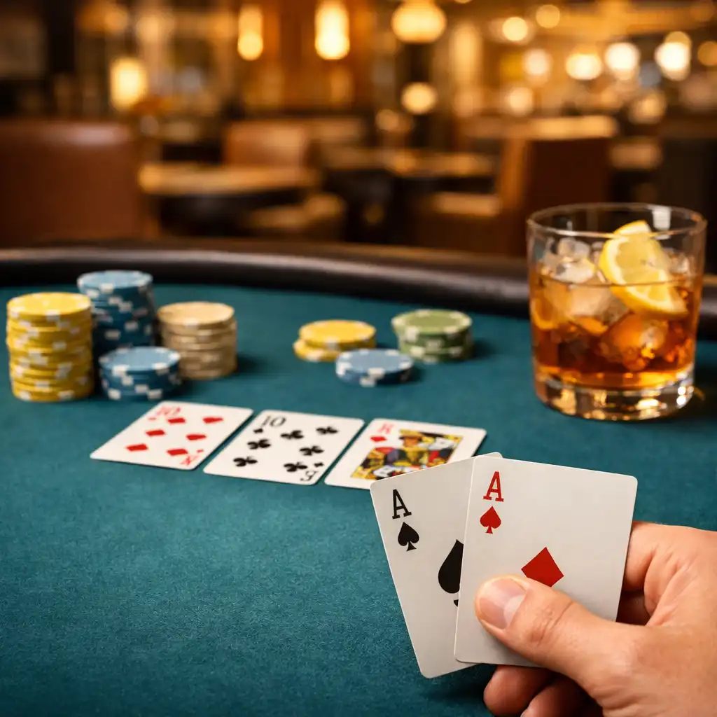 Pohled na pokerový stůl z úhlu hráče, ruka drží karty, na stole žetony a sklenice s nápojem