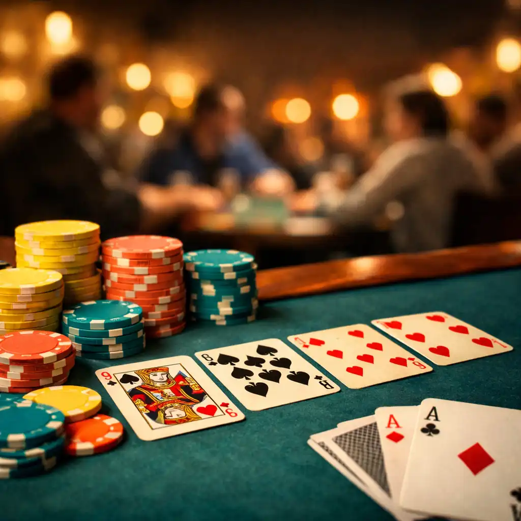 Pokerový stůl s rozloženými kartami a hromádkami barevných žetonů v restauraci Stůl Pro Chuť